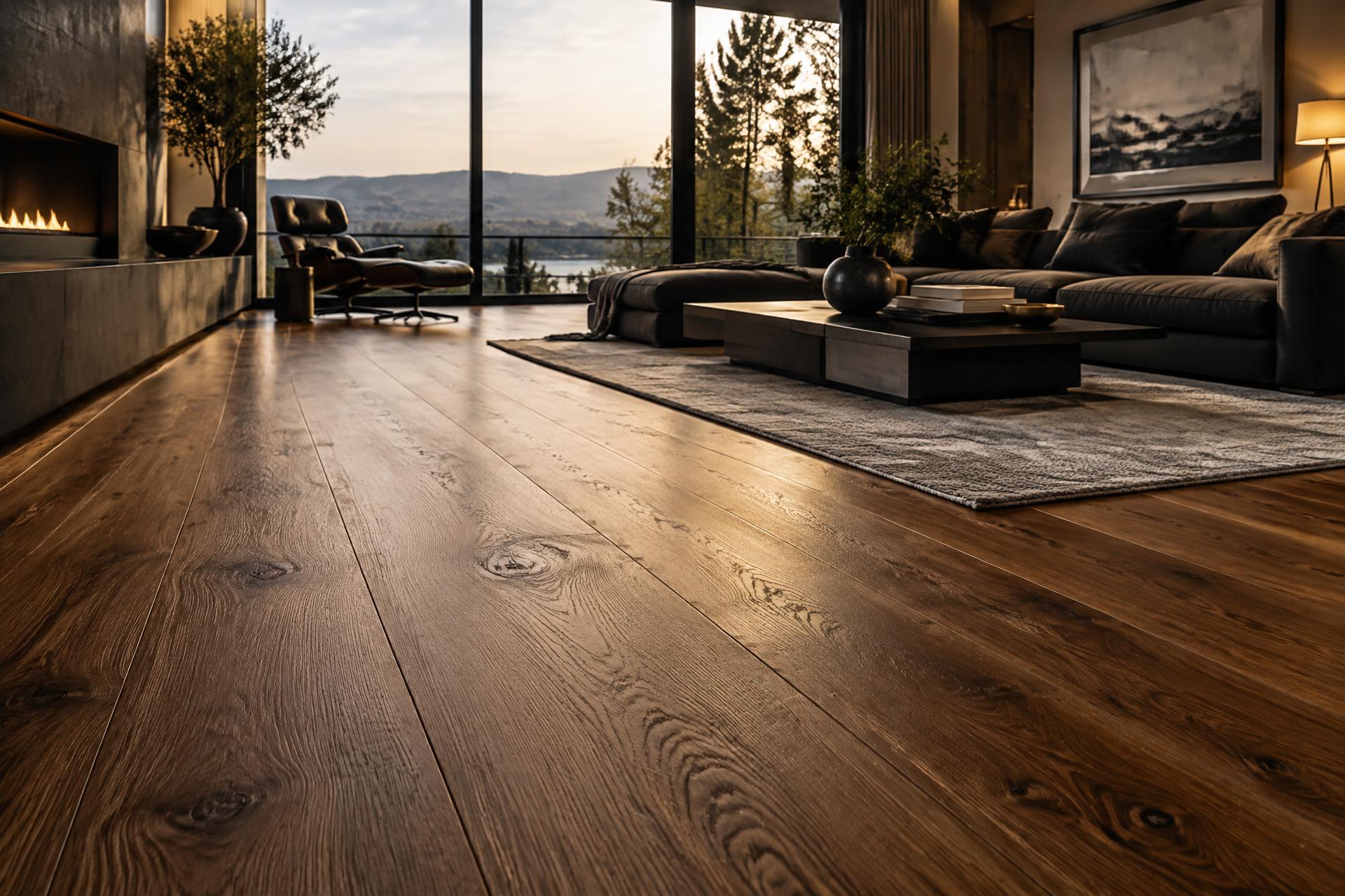 Wide-plank hardwood flooring in a modern living room
