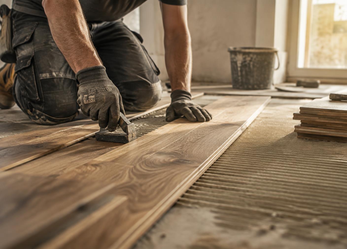 Flooring installer fitting a hardwood plank